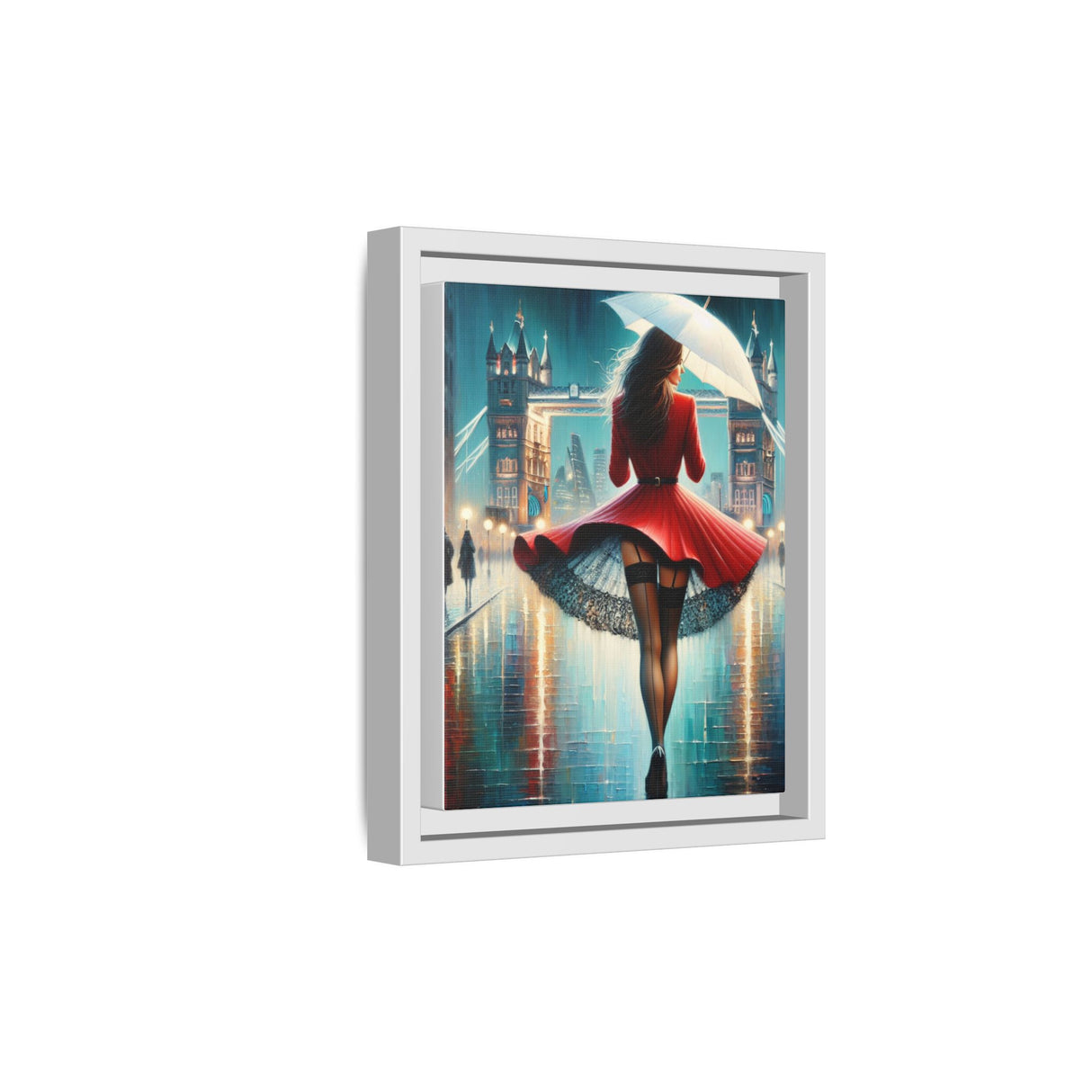 Framed Matte Canvas Print — Red Coat Woman in Rainy Cityscape, ideal for hanging in hallways or cozy reading nooks.
