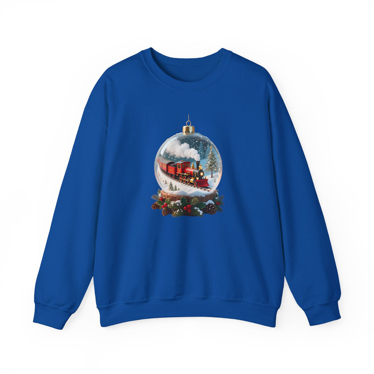 Men's Christmas Train Snow Globe Sweatshirt displayed on a hanger, highlighting its quality fabric and unique design.