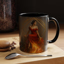 Close-up of the Fiery Goddess Accent Coffee Mug revealing the glossy finish and rich red colors.