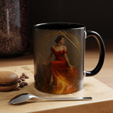 Close-up of the Fiery Goddess Accent Coffee Mug revealing the glossy finish and rich red colors.