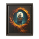 Close-up of Framed Matte Canvas - Moonlit Pirate Ship with Fiery Vortex, highlights detailed textures and colors.