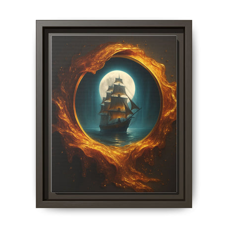 Close-up of Framed Matte Canvas - Moonlit Pirate Ship with Fiery Vortex, highlights detailed textures and colors.