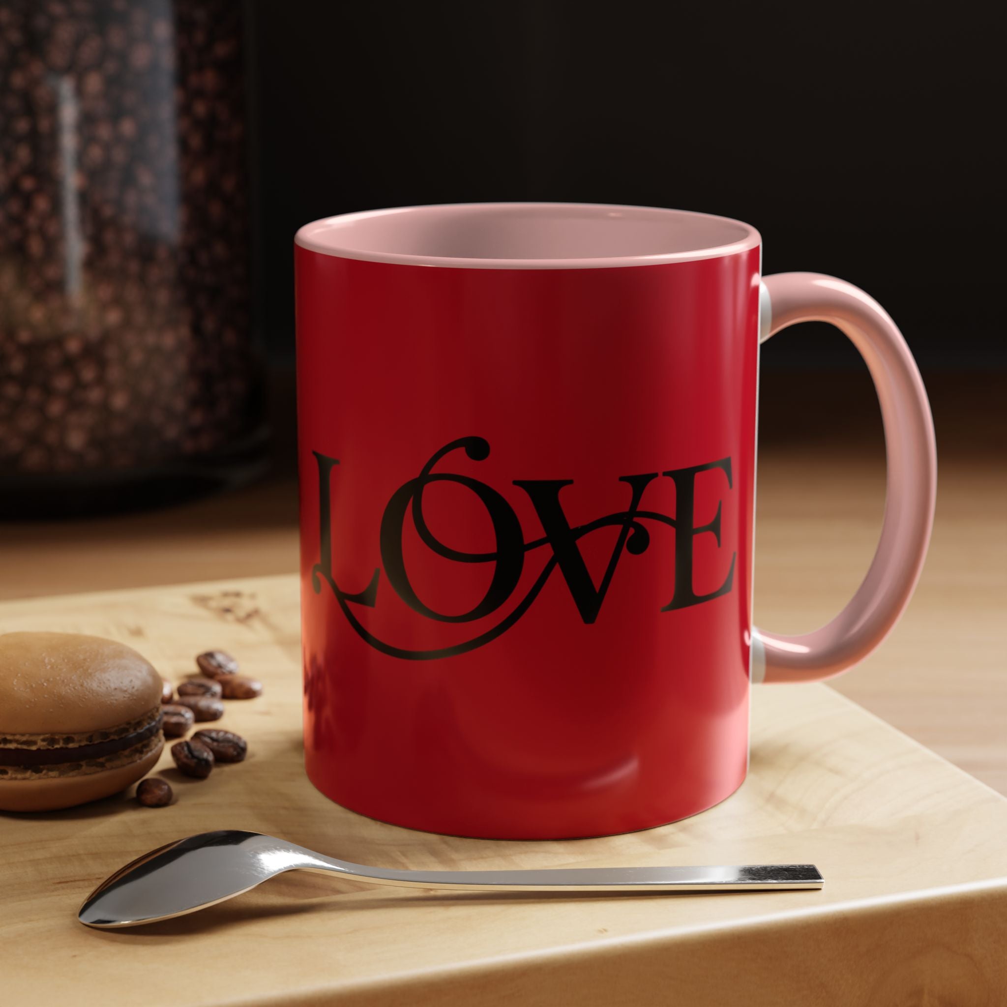 Love Script Accent Coffee Mug — Red &amp; Black Romantic Ceramic Coffee Cup (11oz)