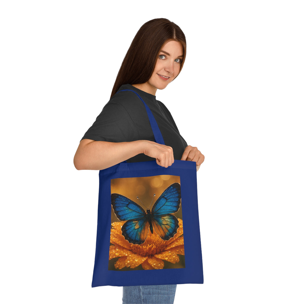 Blue Butterfly Cotton Tote — Nature Floral Reusable Shopper Bag displayed next to fresh groceries, emphasizing its practical use.