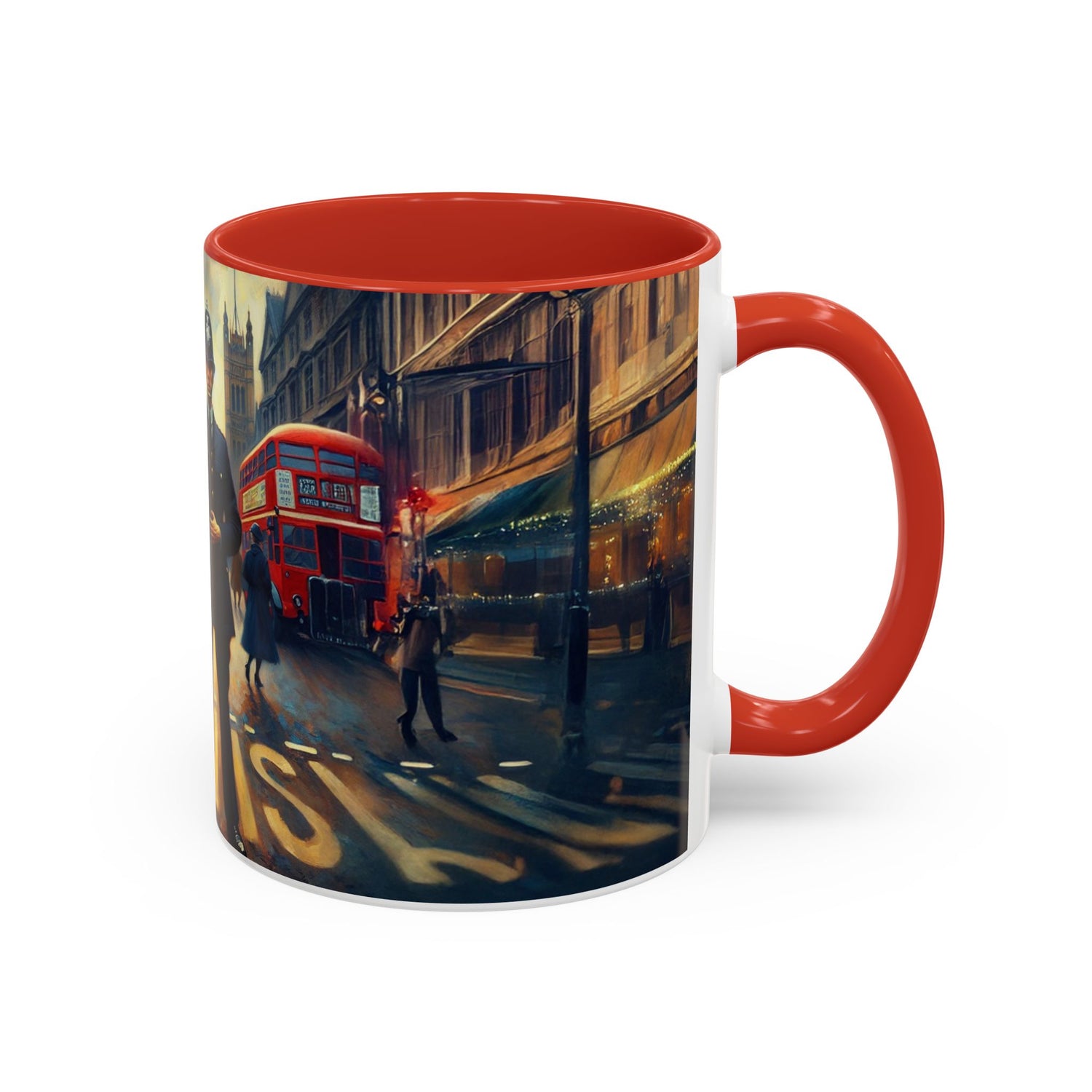 Vintage-Inspired Cityscape Accent Coffee Mug - 11oz &amp; 15oz in a vibrant coffee shop atmosphere.