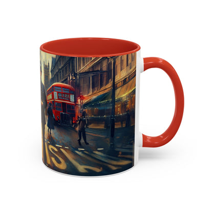 Vintage-Inspired Cityscape Accent Coffee Mug - 11oz &amp; 15oz in a vibrant coffee shop atmosphere.
