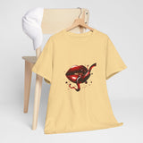 Model posing confidently in the Lip Bite Graphic Tee under city lights.