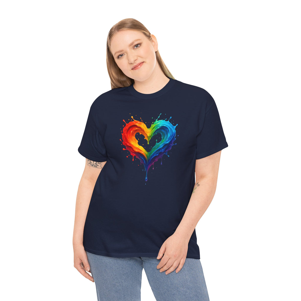Styled outfit including the Rainbow Drip Heart T-Shirt and matching accessories for a complete look.