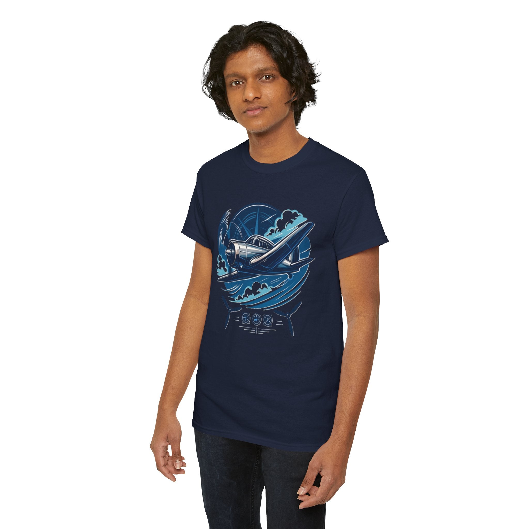 Young adult enjoying a day out while sporting the Vintage Airplane Graphic Tee, reflecting a passion for aviation.