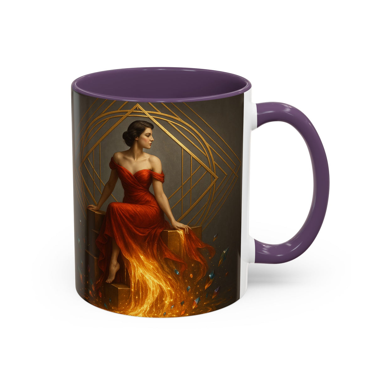 Fiery Goddess Accent Coffee Mug highlighted in an art-focused display, celebrating creativity.