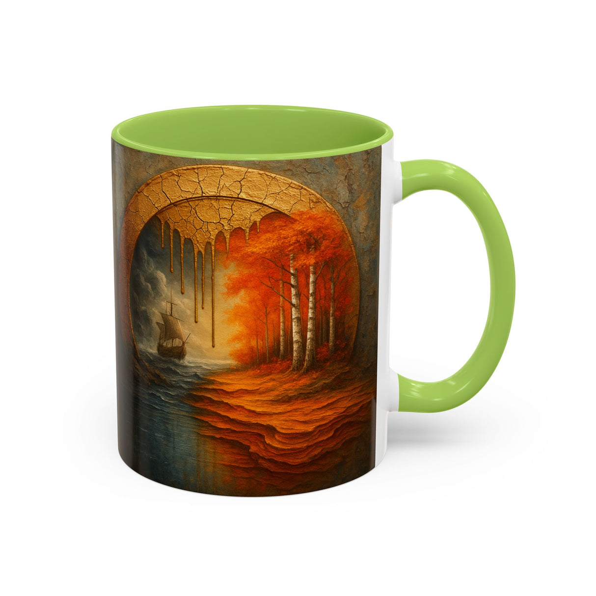 Autumn Portal Coffee Mug beside nature-inspired artifacts, showcasing its artistic appeal.