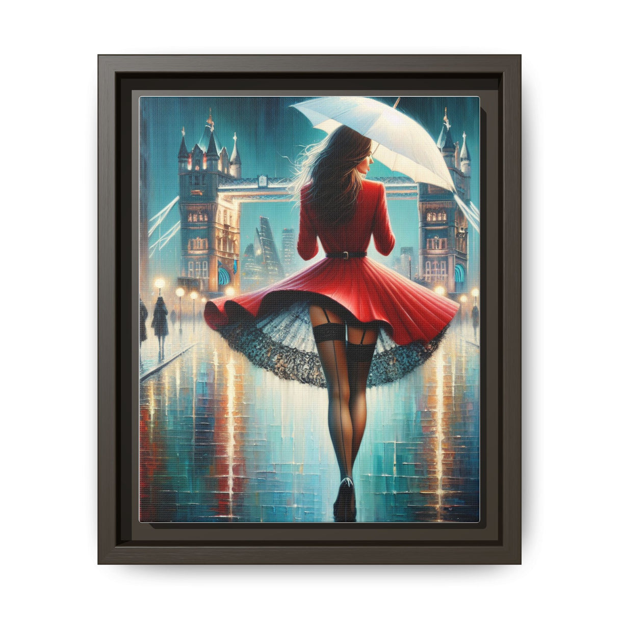 Framed Matte Canvas Print — Red Coat Woman in Rainy Cityscape, featuring a detailed close-up of a woman in a stylish red coat against an urban backdrop.