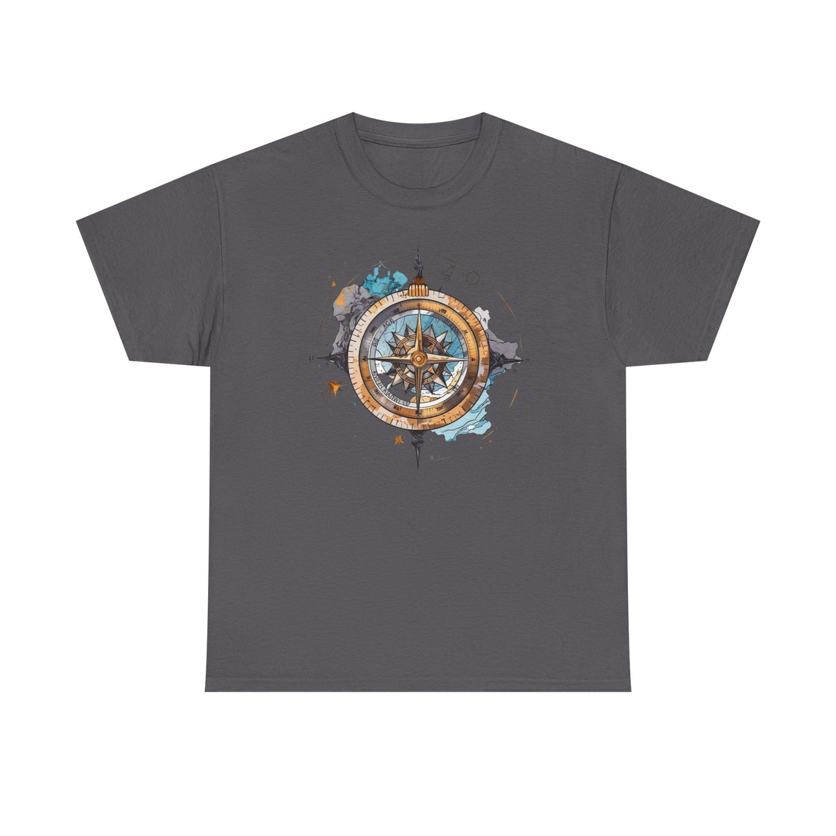 Detailed view of the watercolor compass print on the Compass Rose T-Shirt — Vintage Nautical Adventure Graphic Tee