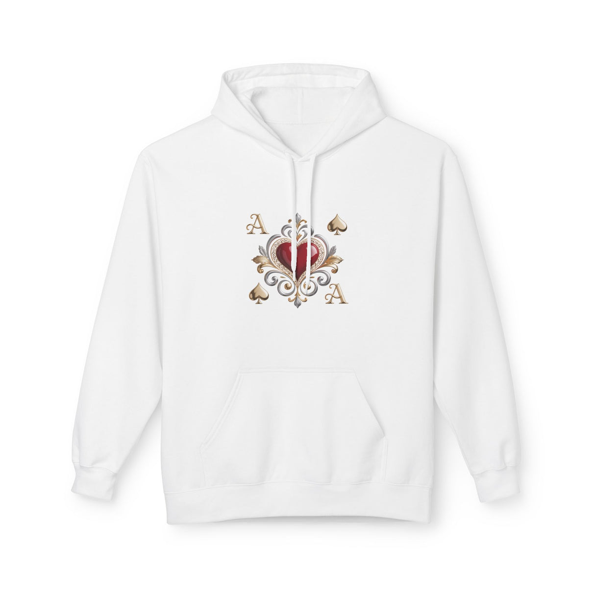 Ace of Hearts Decorative Hoodie hanging on a rack, showcasing its stylish design for casual wear.