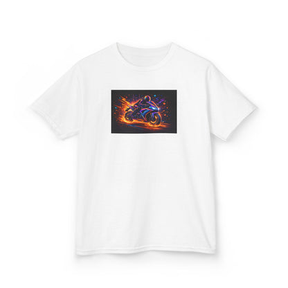 Kids Motorcycle Flame Tee — Neon Fire Racing Bike Graphic