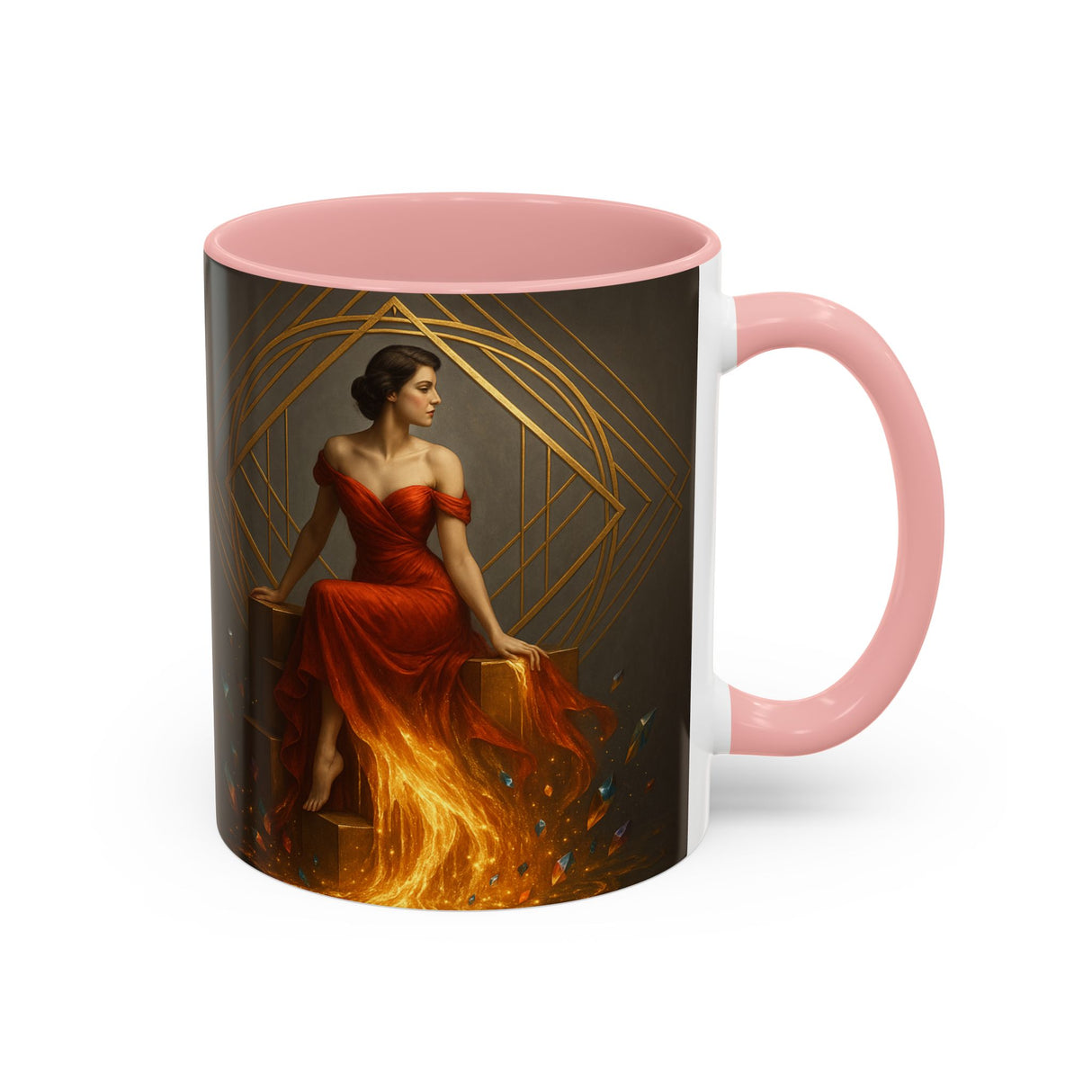 Fiery Goddess Accent Coffee Mug with artistic background, showcasing its unique design.