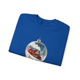 Christmas Train Snow Globe Sweatshirt shown in a cozy home setting, evoking warmth and nostalgia for the holiday season.