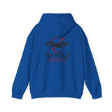 Fly Bold Hoodie displayed on a hanger, showcasing its stylish simplicity.