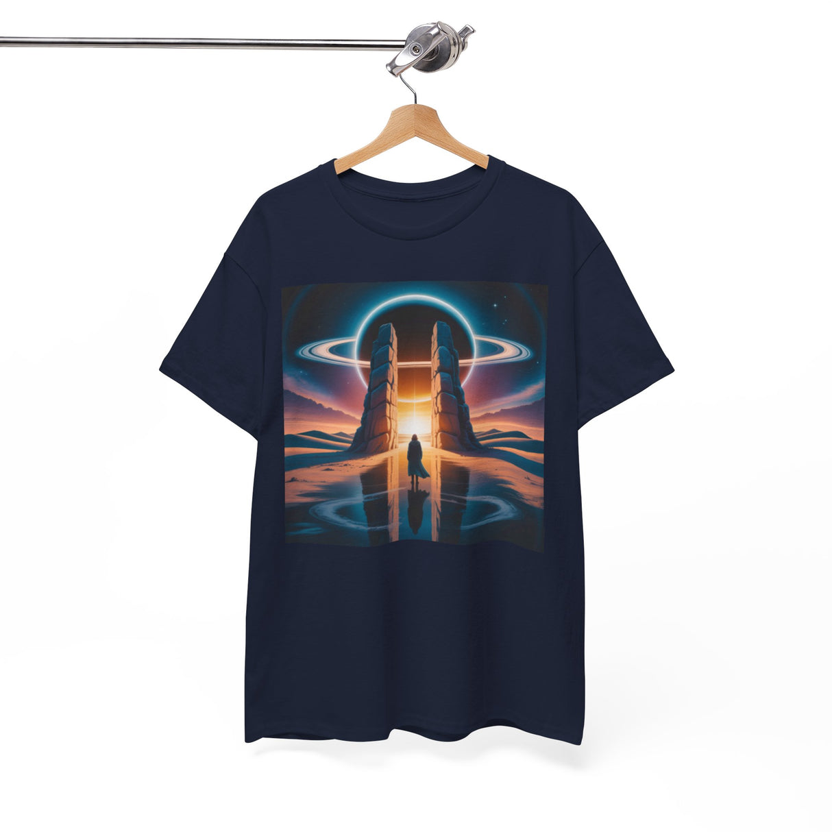 Cosmic Gateway Tee — Sci-Fi Sunset Portal Graphic T-Shirt laid flat to emphasize the vibrant colors and scene.