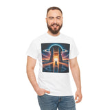 Cosmic Gateway Tee — Sci-Fi Sunset Portal Graphic T-Shirt in a flat lay display focusing on fabric quality.