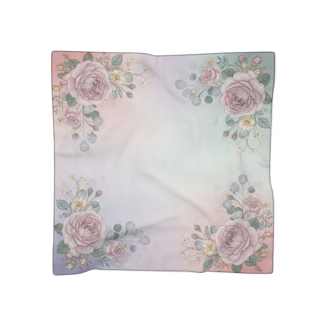 Floral Pastel Square Scarf – Rose & Eucalyptus Silk-Like Print, showcasing delicate roses and eucalyptus leaves on a soft gradient background.