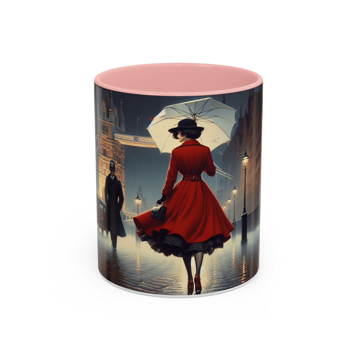 Elegant Red Dress Coffee Mug in 11oz size featuring artistic city design, perfect for coffee lovers.