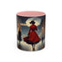 Elegant Red Dress Coffee Mug in 11oz size featuring artistic city design, perfect for coffee lovers.