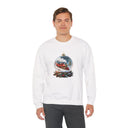 Cozy Christmas Train Snow Globe Sweatshirt in a festive setting, showcasing its warm fabric and nostalgic holiday illustration.