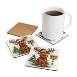 Set of 4 Cute Reindeer Christmas Cork Coasters displayed on a table, featuring vibrant holiday colors.