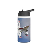 Thunderbirds USAF Jet Stainless Steel Water Bottle next to outdoor gear, highlighting portability and insulation for hot and cold drinks.