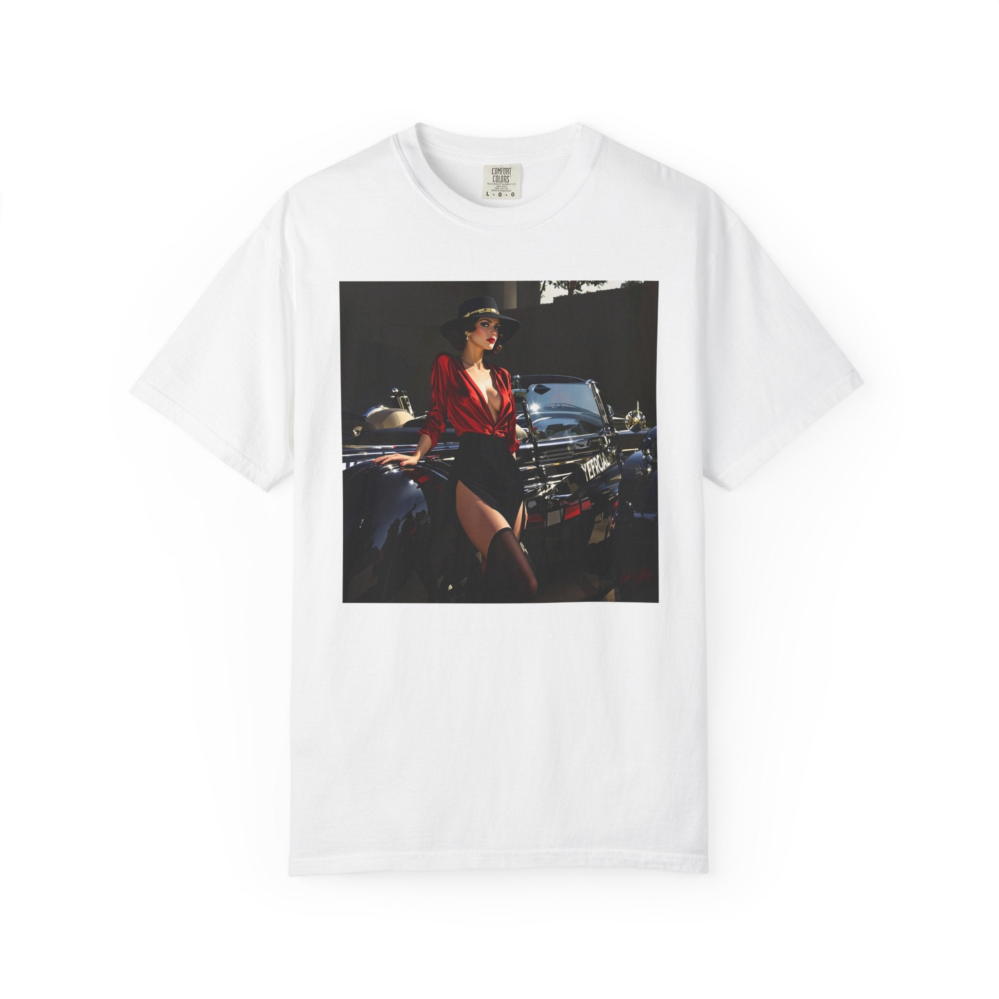 Back view of a model wearing Vintage Glamour T-Shirt, emphasizing its stylish design and comfortable fit.