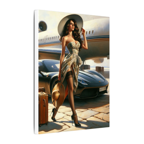 Detailed view of the Luxury Travel Pinup Canvas Print showcasing rich colors and soft textures, ideal for a retro luxury aesthetic in any living space.