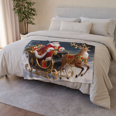 Cozy Christmas Santa Sleigh Blanket showcasing festive design with Santa, reindeer, and gifts, perfect for holiday decor.