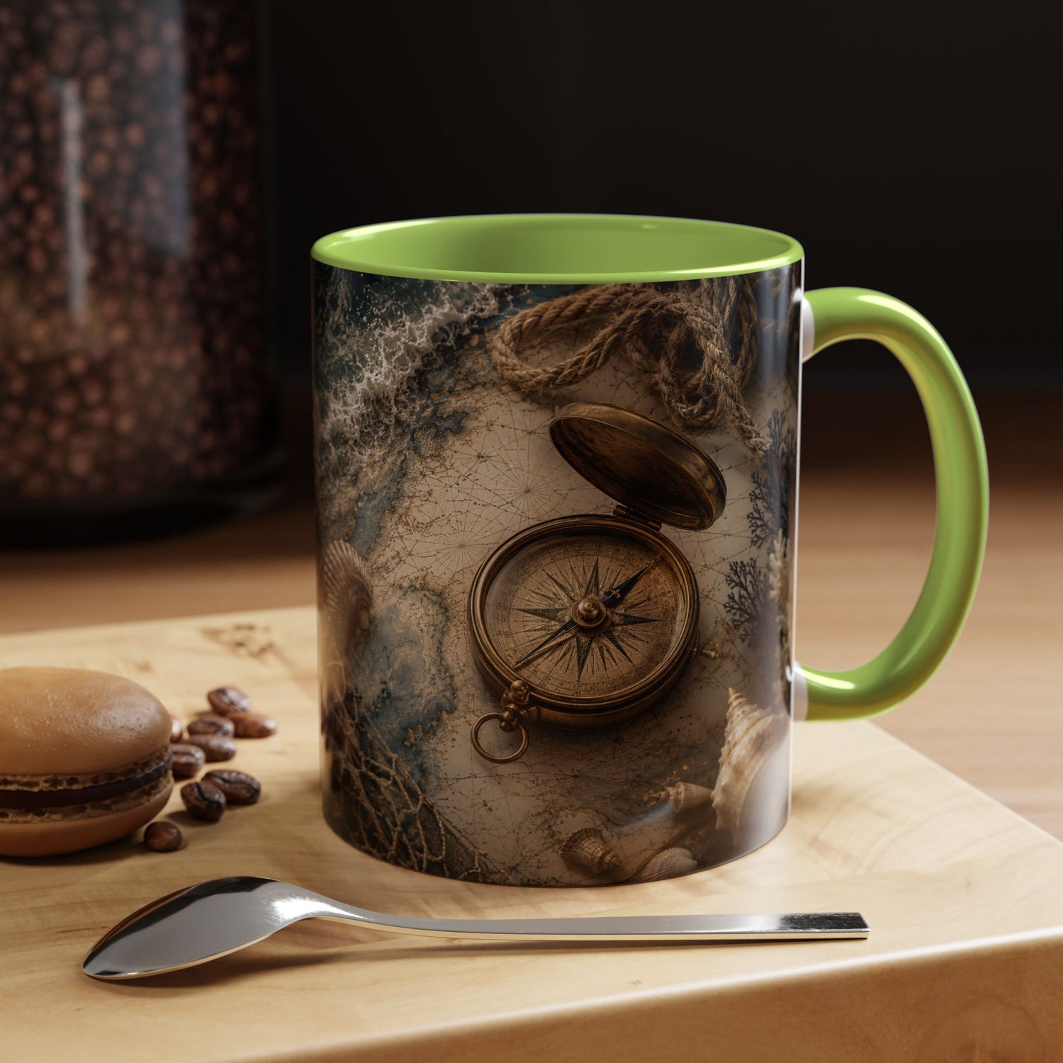 Nautical Compass Accent Coffee Mug – Vintage Sea Shells &amp; Compass Travel Design (11oz)