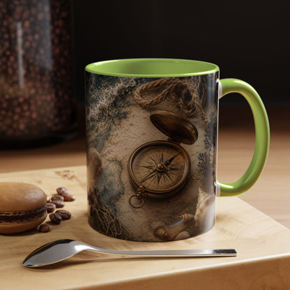 Nautical Compass Accent Coffee Mug – Vintage Sea Shells &amp; Compass Travel Design (11oz)