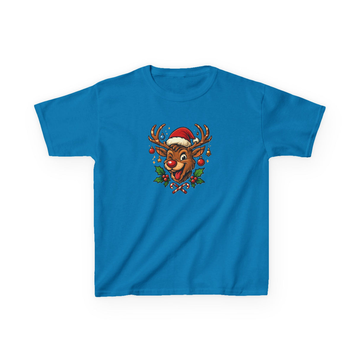Kids Christmas Reindeer Tee — Cute Santa Hat Rudolph Holiday Shirt displayed with matching Christmas accessories.