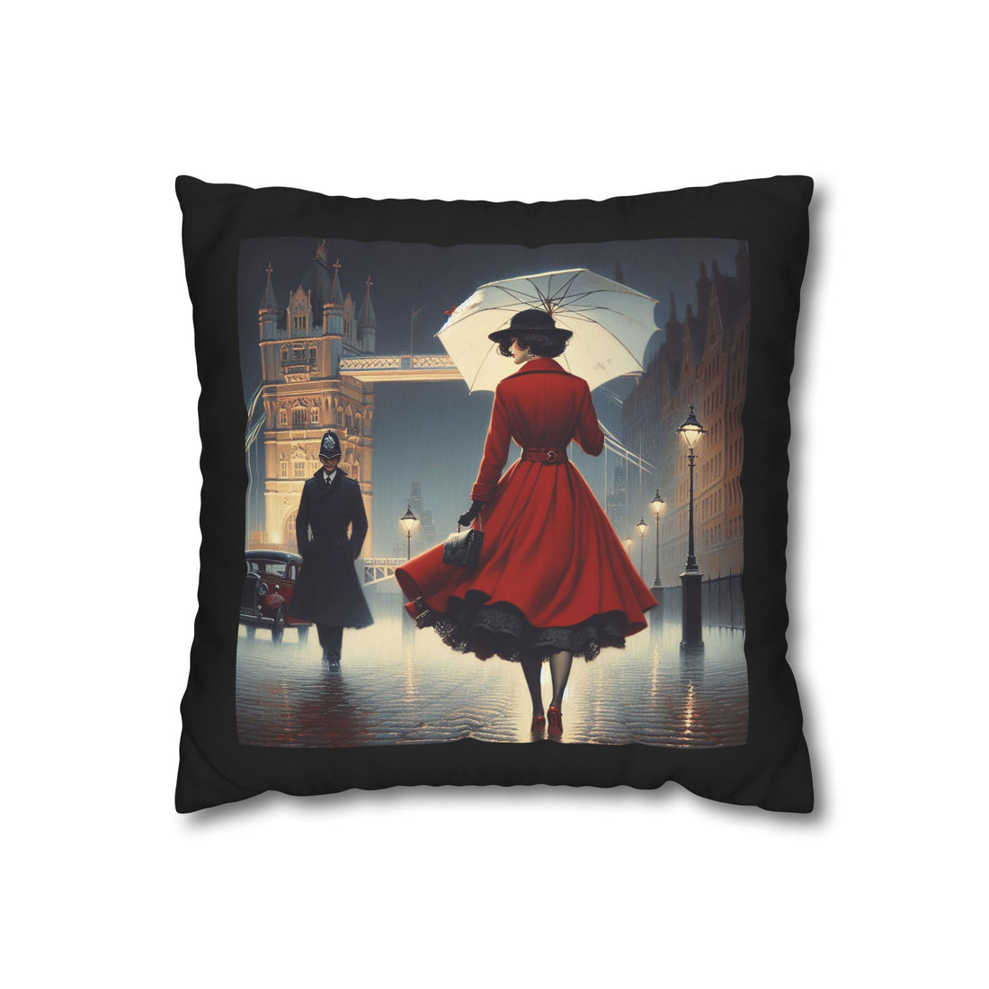 Close-up of Vintage London Rain Cushion Cover showing details of the woman in red with umbrella and rainy city background - 16" x 16" pillowcase.