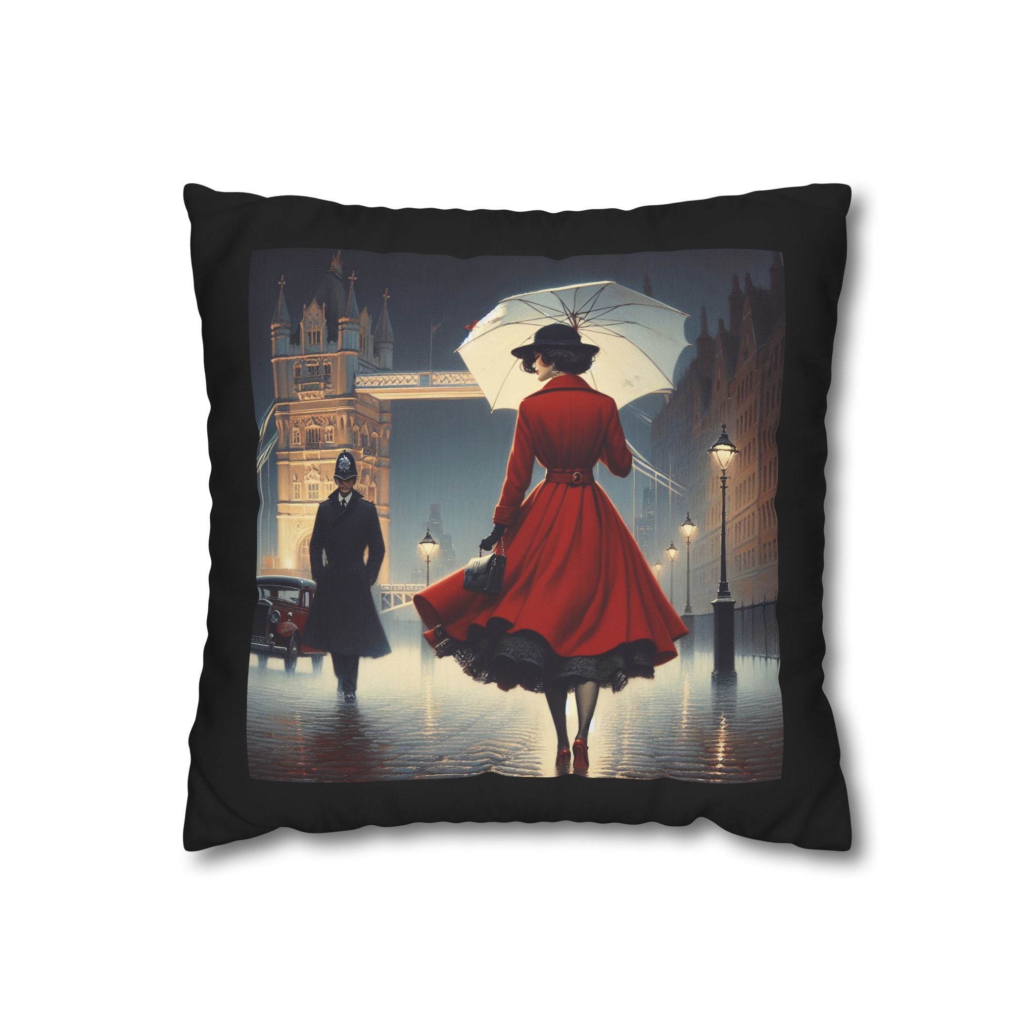 Close-up of Vintage London Rain Cushion Cover showing details of the woman in red with umbrella and rainy city background - 16" x 16" pillowcase.