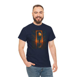 Surreal Portal Moon Tee — Orange Cosmic Gateway Graphic T-Shirt, featuring a glowing doorway and distant planet motif.
