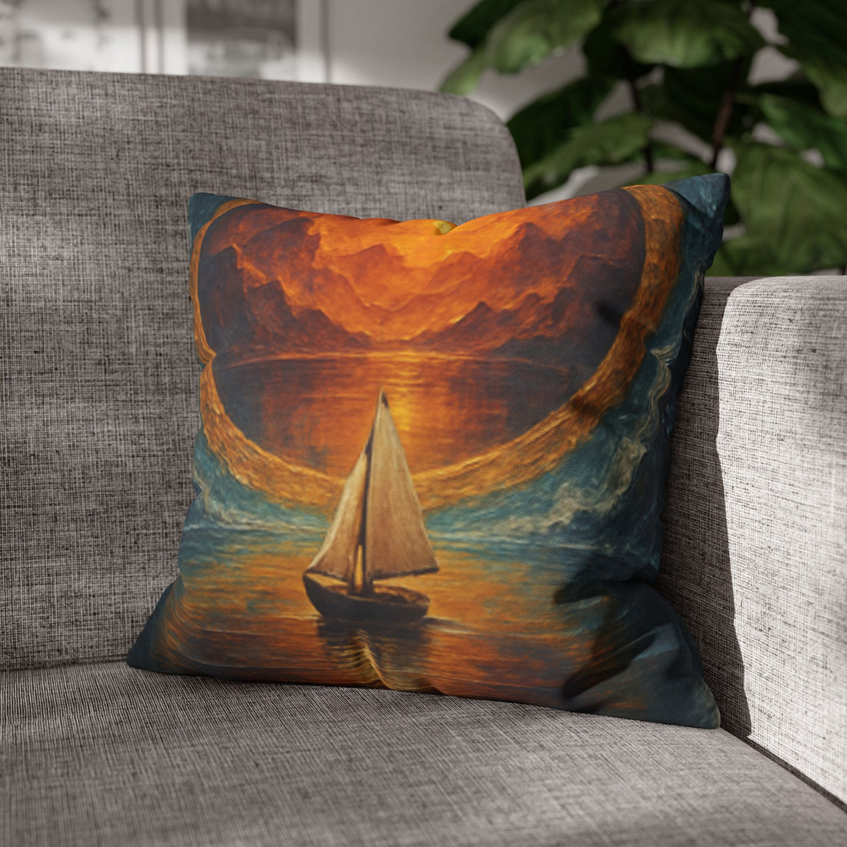 Sailboat Sunset Decorative Pillow - Nautical Dreamscape Square Cushion 16" × 16" showcasing deep golds and ocean blues with a serene sailboat against a sunset.