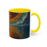 Close-up of the Sail into the Sun Ceramic Coffee Mug emphasizing its glossy black handle and artistic graphics.