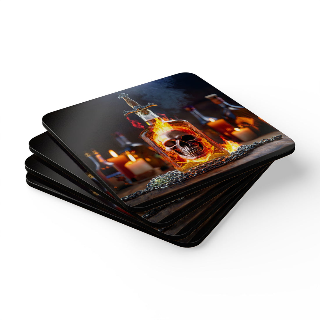 Gothic drink coasters from the Flaming Skull Bottle Cork Coaster Set, displaying detailed artwork on a glossy MDF top.