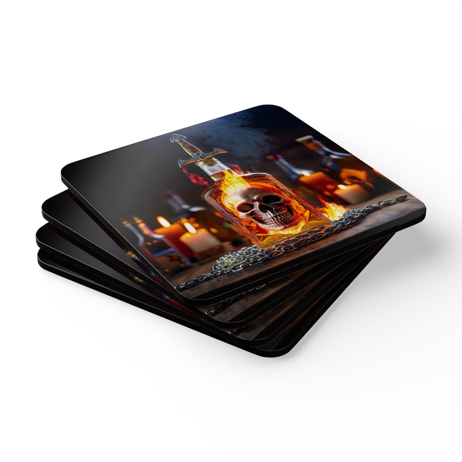 Gothic drink coasters from the Flaming Skull Bottle Cork Coaster Set, displaying detailed artwork on a glossy MDF top.