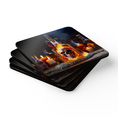 Gothic drink coasters from the Flaming Skull Bottle Cork Coaster Set, displaying detailed artwork on a glossy MDF top.