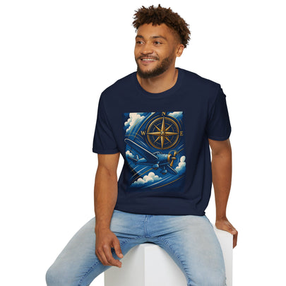 Adventure Compass T-Shirt showcasing a vintage airplane and compass design, perfect travel gift for explorers.