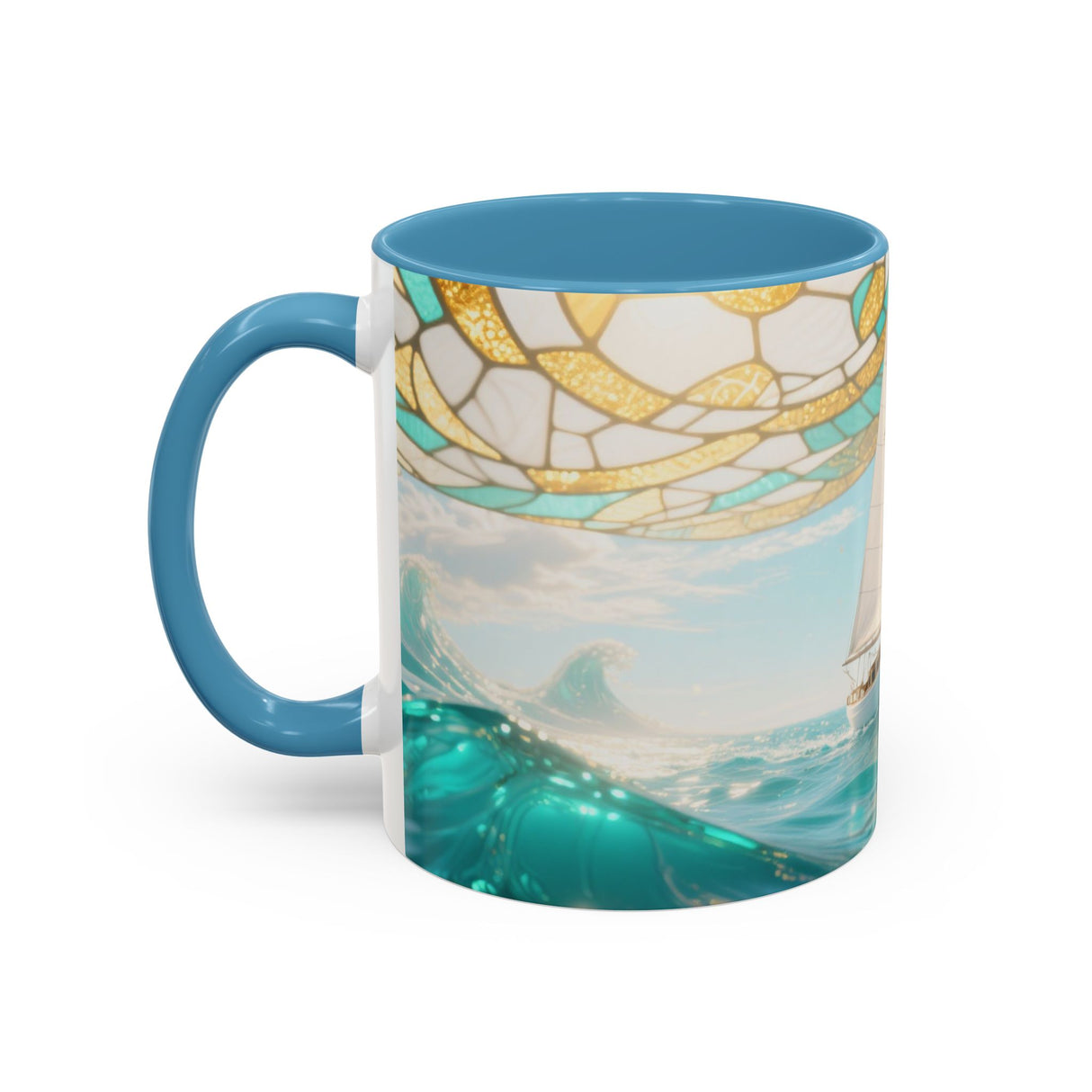 Sailboat Ocean Waves Accent Coffee Mug — Nautical Sea Morning Tea Cup US