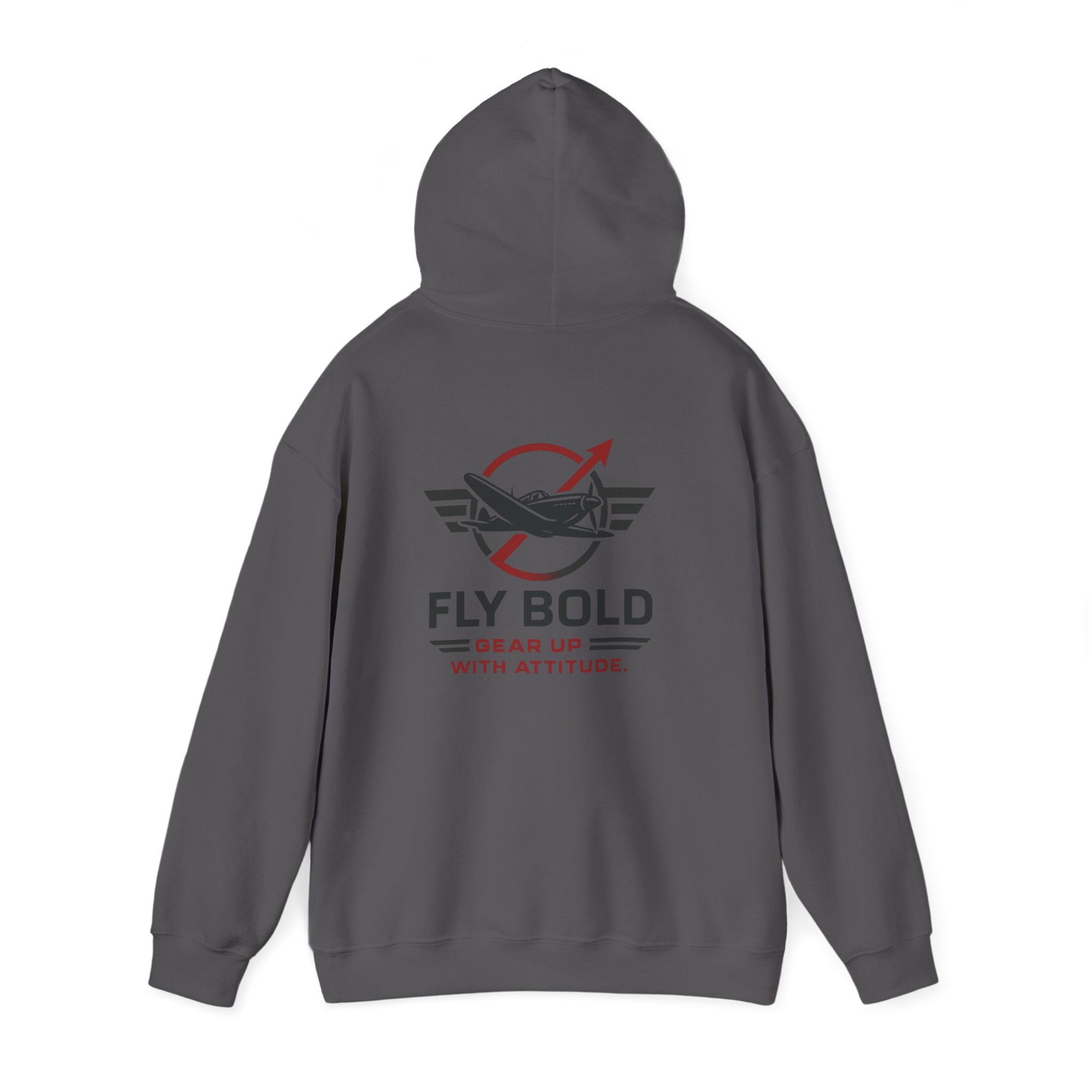 Fly Bold Hoodie close-up showcasing printed aviation graphic details.