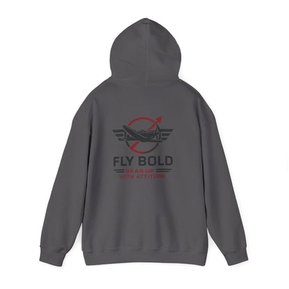 Fly Bold Hoodie close-up showcasing printed aviation graphic details.
