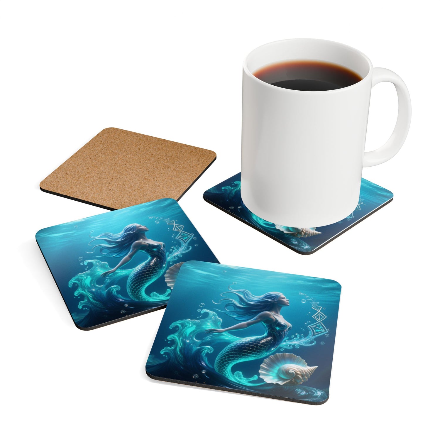 Mermaid Cork Coaster Set — Oceanic Drink Coasters (Sea Shell Design)