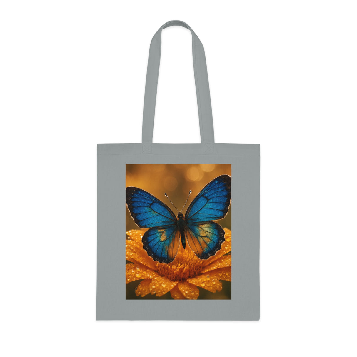 Model carrying the Blue Butterfly Cotton Tote — Nature Floral Reusable Shopper Bag, highlighting its stylish and practical design.